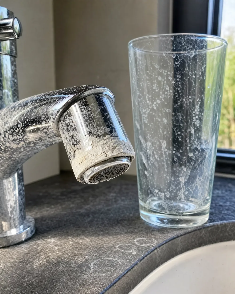 White limescale crusted on a faucet aerator beside a water-spotted glass